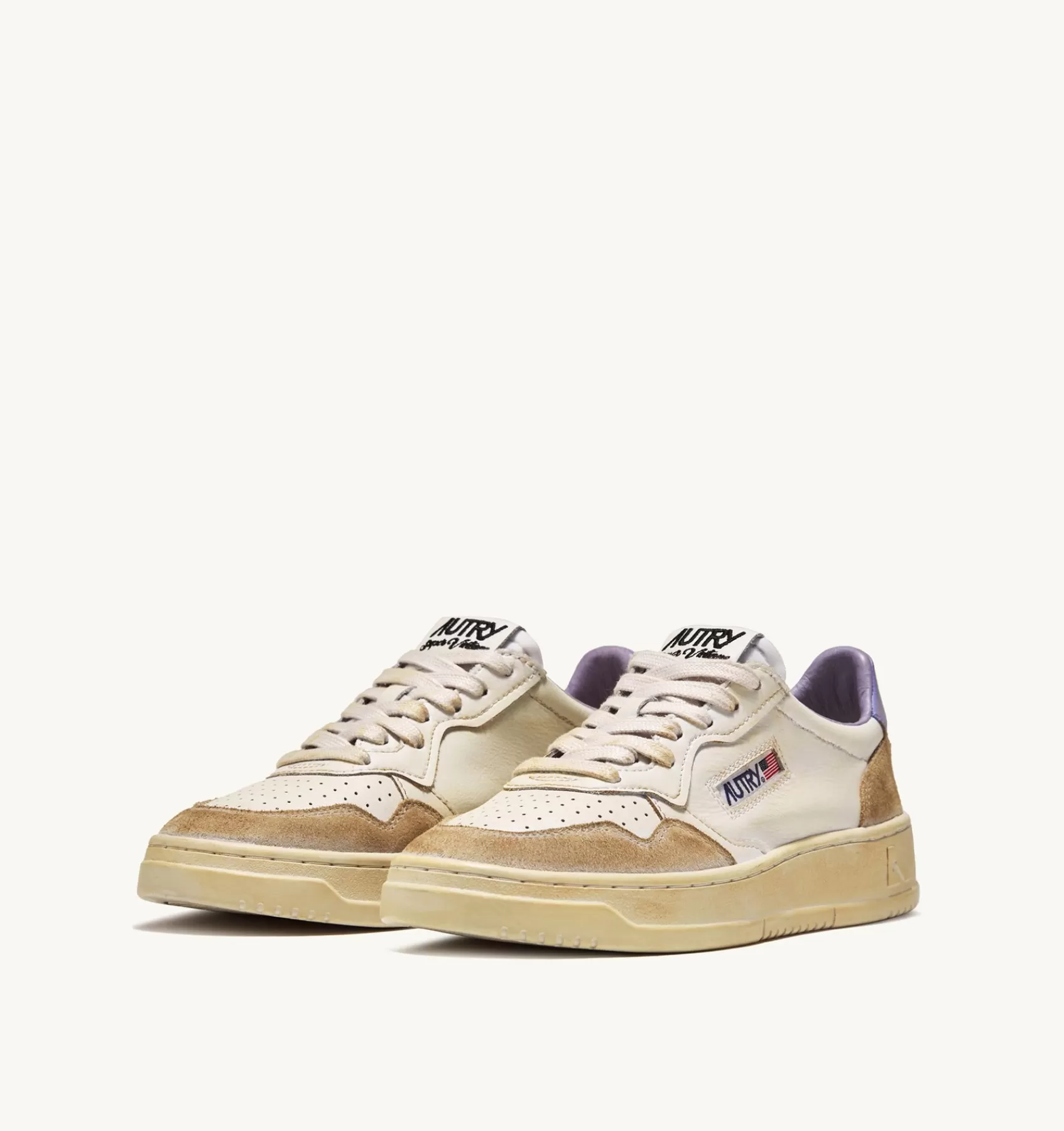 Männer AUTRY Sneakers Medalist Low Super Vintage Aus Leder Yellowing Mit Weiss Und Lavendel