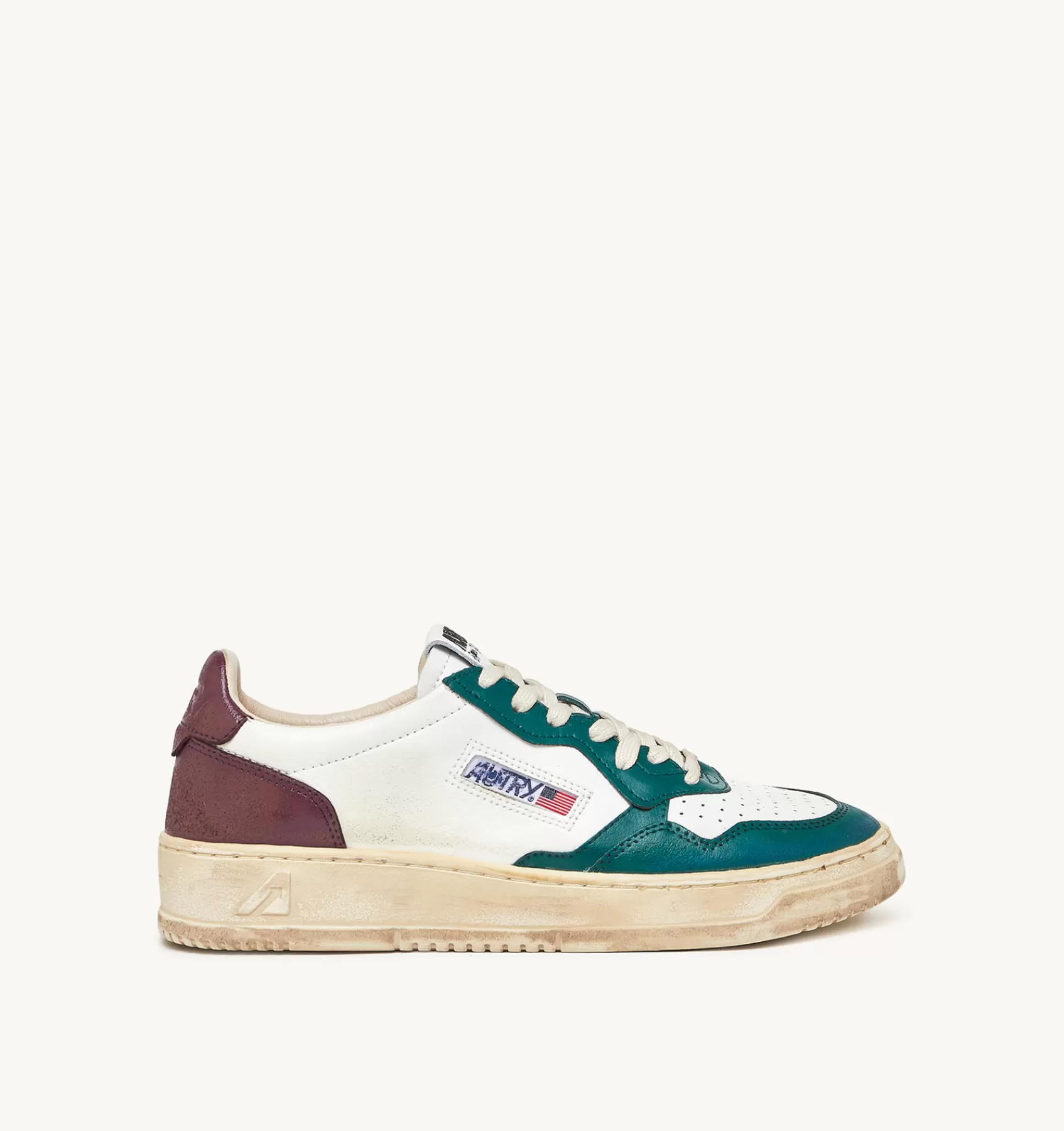 Männer AUTRY Sneakers Medalist Low Super Vintage Aus Weissem Leder Mit Details In Lila Und Grun