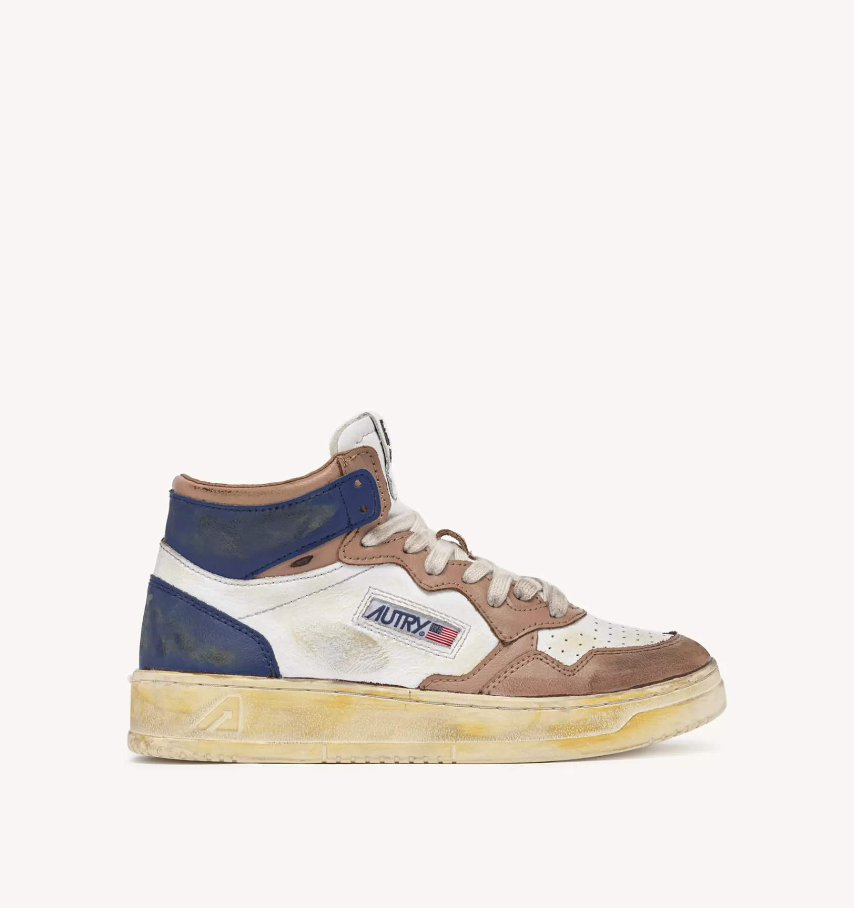 Frauen AUTRY Sneakers Medalist Mid Super Vintage Aus Leder In Weiss, Kaffee-Farbe Und Hellblau