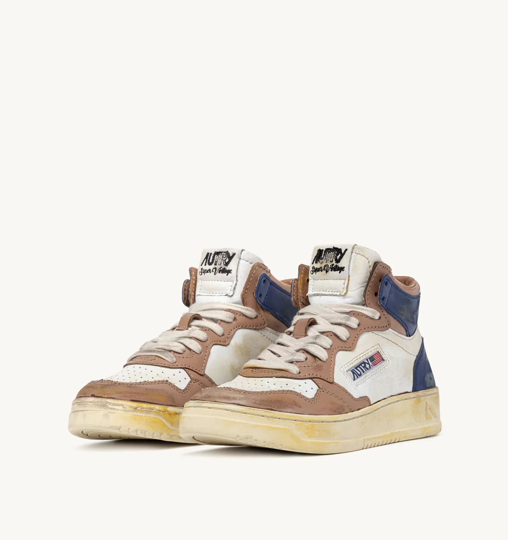 Frauen AUTRY Sneakers Medalist Mid Super Vintage Aus Leder In Weiss, Kaffee-Farbe Und Hellblau