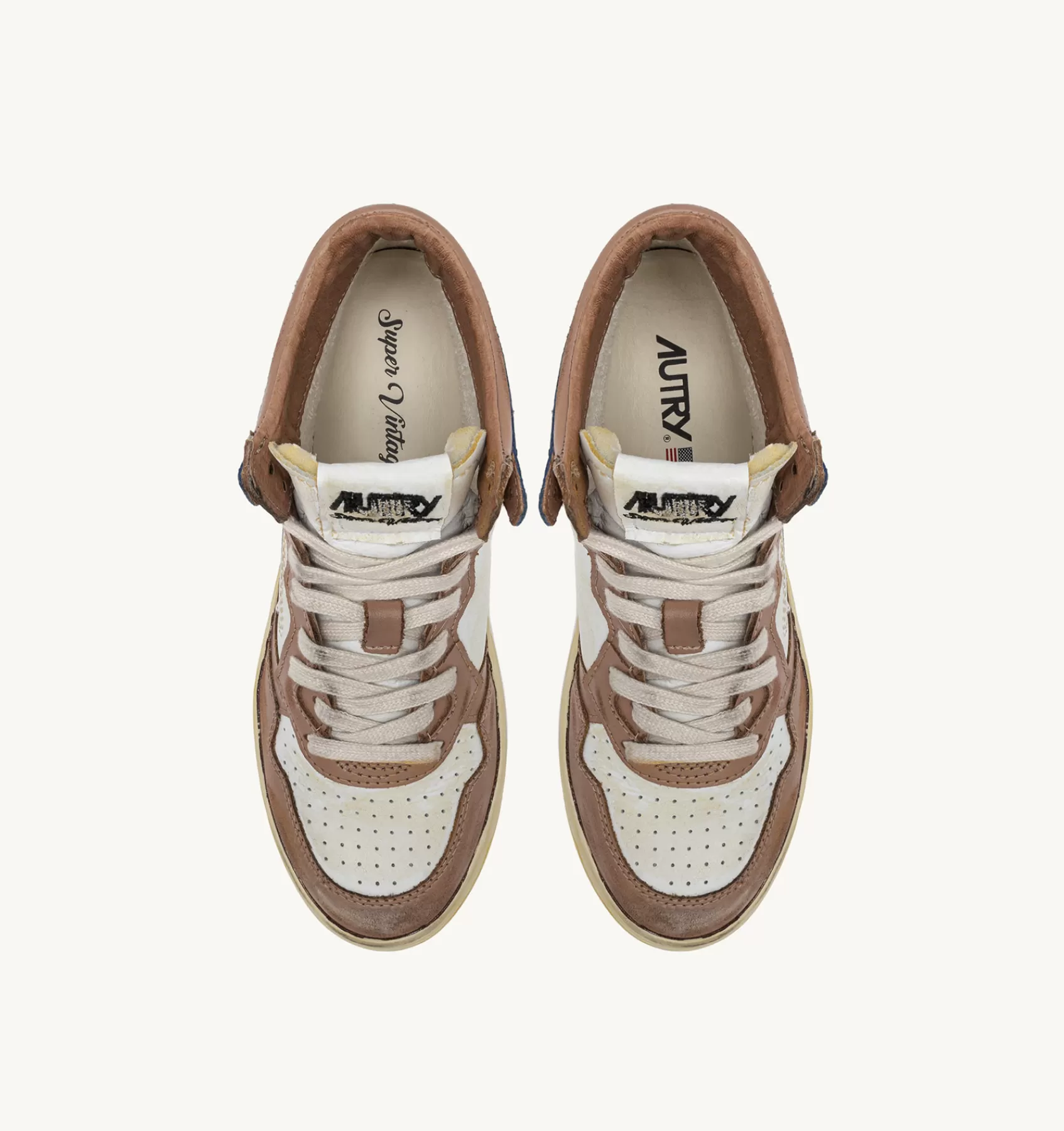 Frauen AUTRY Sneakers Medalist Mid Super Vintage Aus Leder In Weiss, Kaffee-Farbe Und Hellblau
