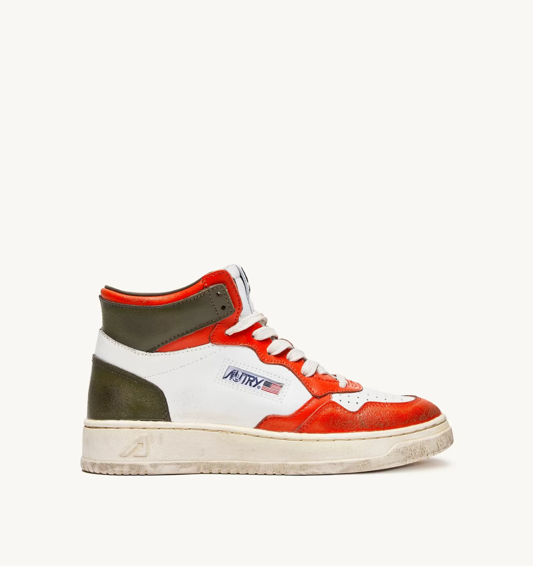 Männer AUTRY Sneakers Medalist Mid Super Vintage Aus Leder In Weiss, Orange Und Tarnfarbe