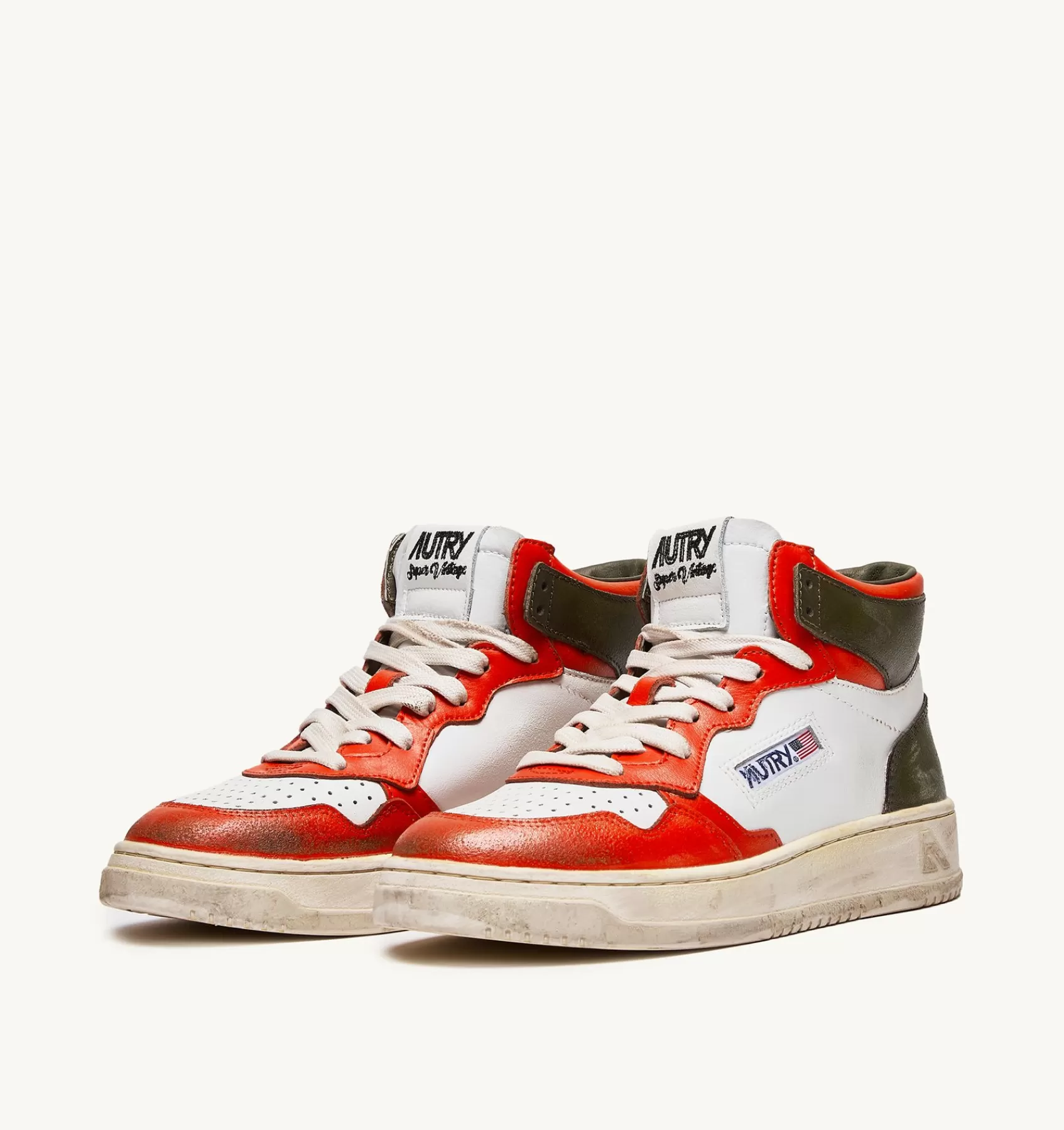 Männer AUTRY Sneakers Medalist Mid Super Vintage Aus Leder In Weiss, Orange Und Tarnfarbe